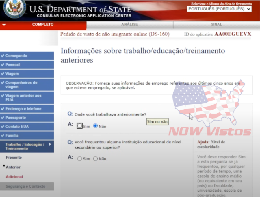 Imagem Artigo 02 abril 2025 início do DS///DS-160 formulário Visto Americano passo a passo emprego anterior e faculdade